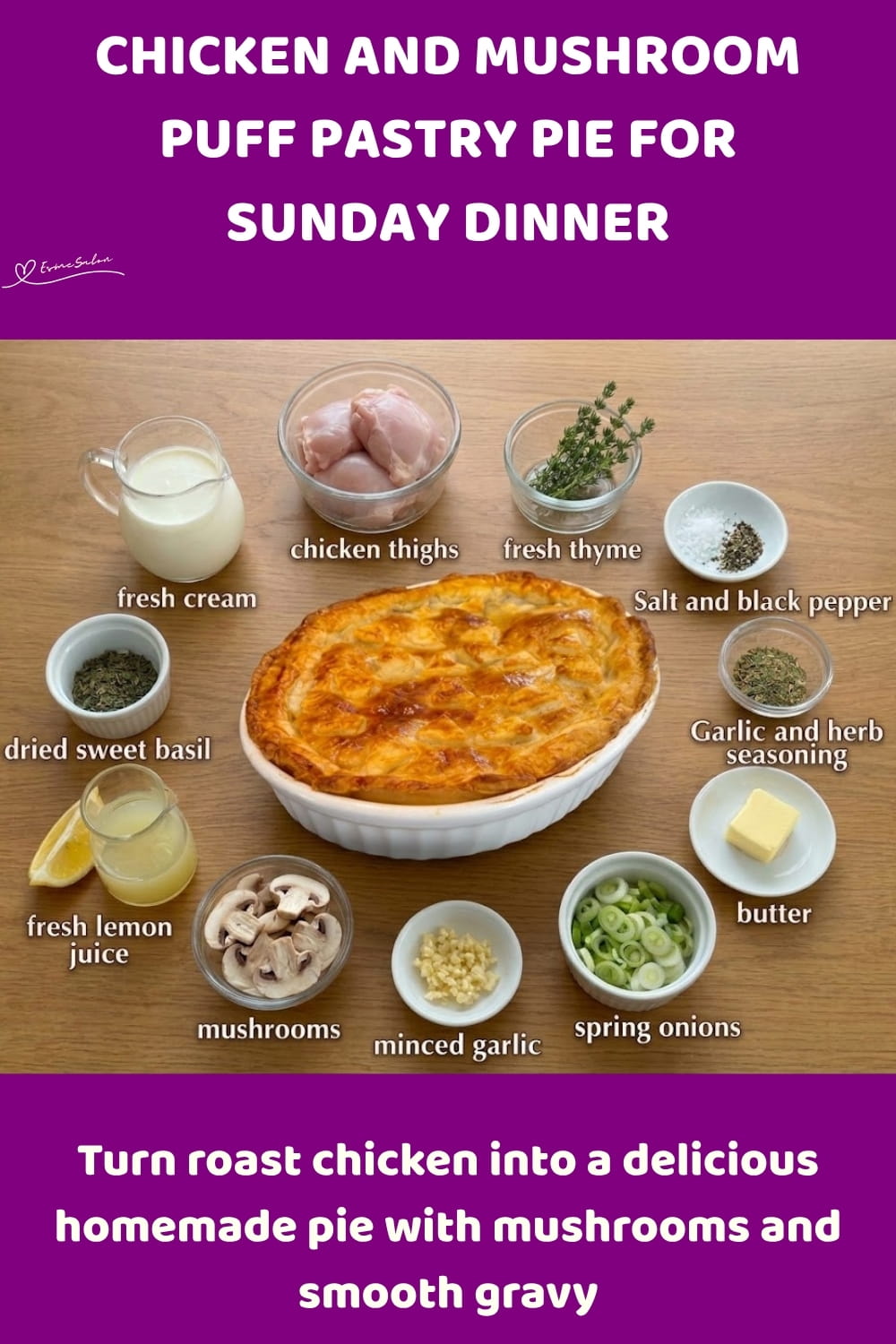 An image of a dish with Chicken and Mushroom Pie, with a smooth homemade sauce, tender mushrooms and flaky pastry