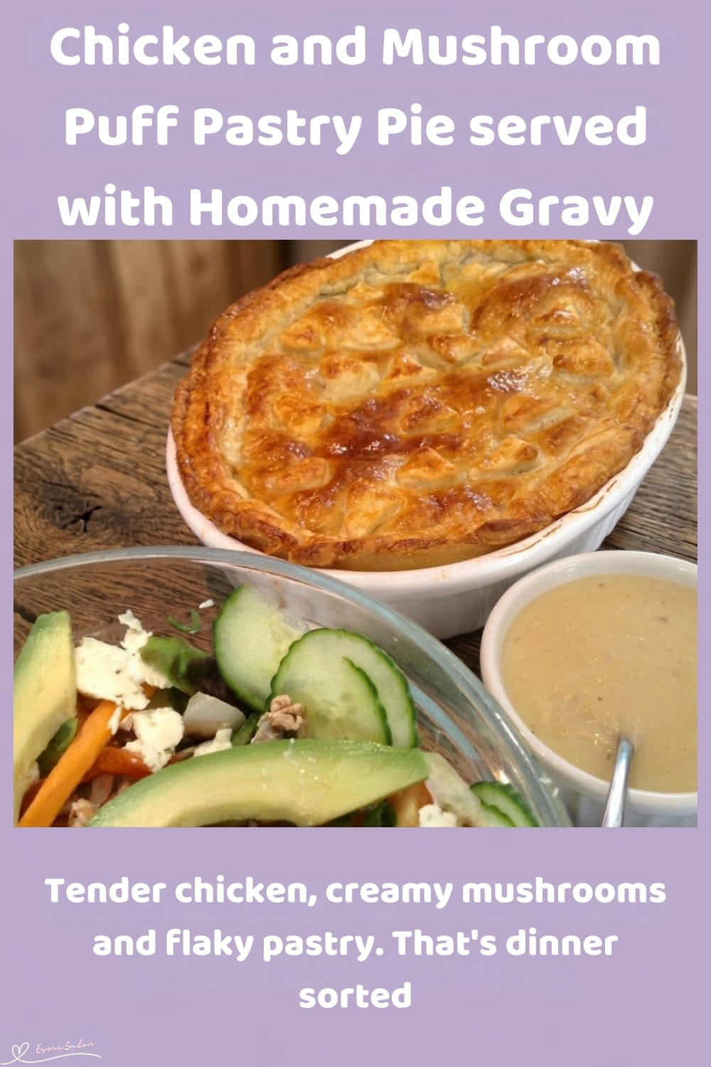 An image of a dish with Chicken and Mushroom Pie, with a smooth homemade sauce, tender mushrooms and flaky pastry