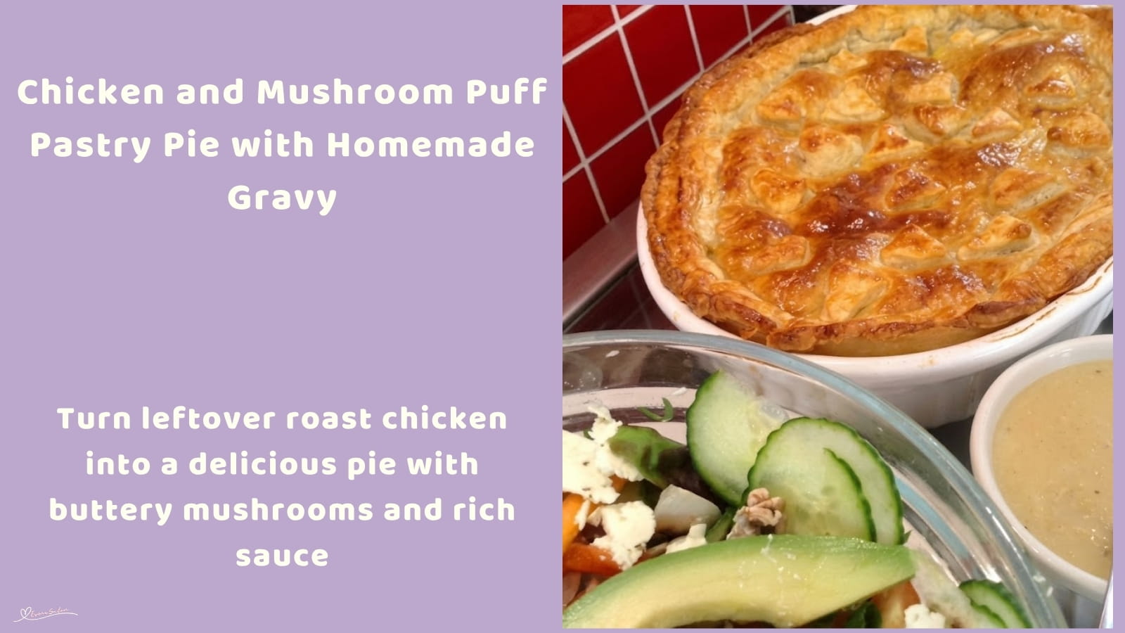 An image of a dish with Chicken and Mushroom Pie, with a smooth homemade sauce, tender mushrooms and flaky pastry