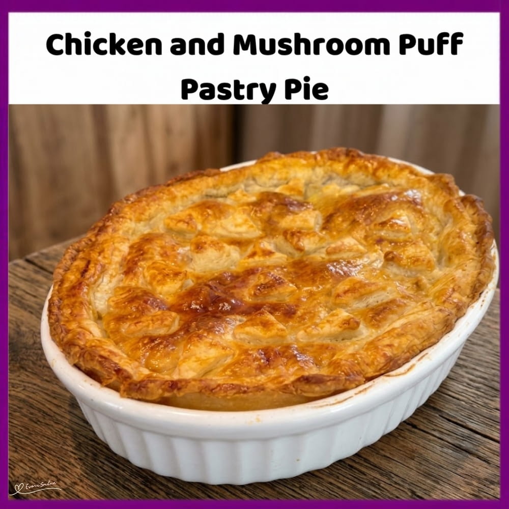 An image of a dish with Chicken and Mushroom Pie, with a smooth homemade sauce, tender mushrooms and flaky pastry