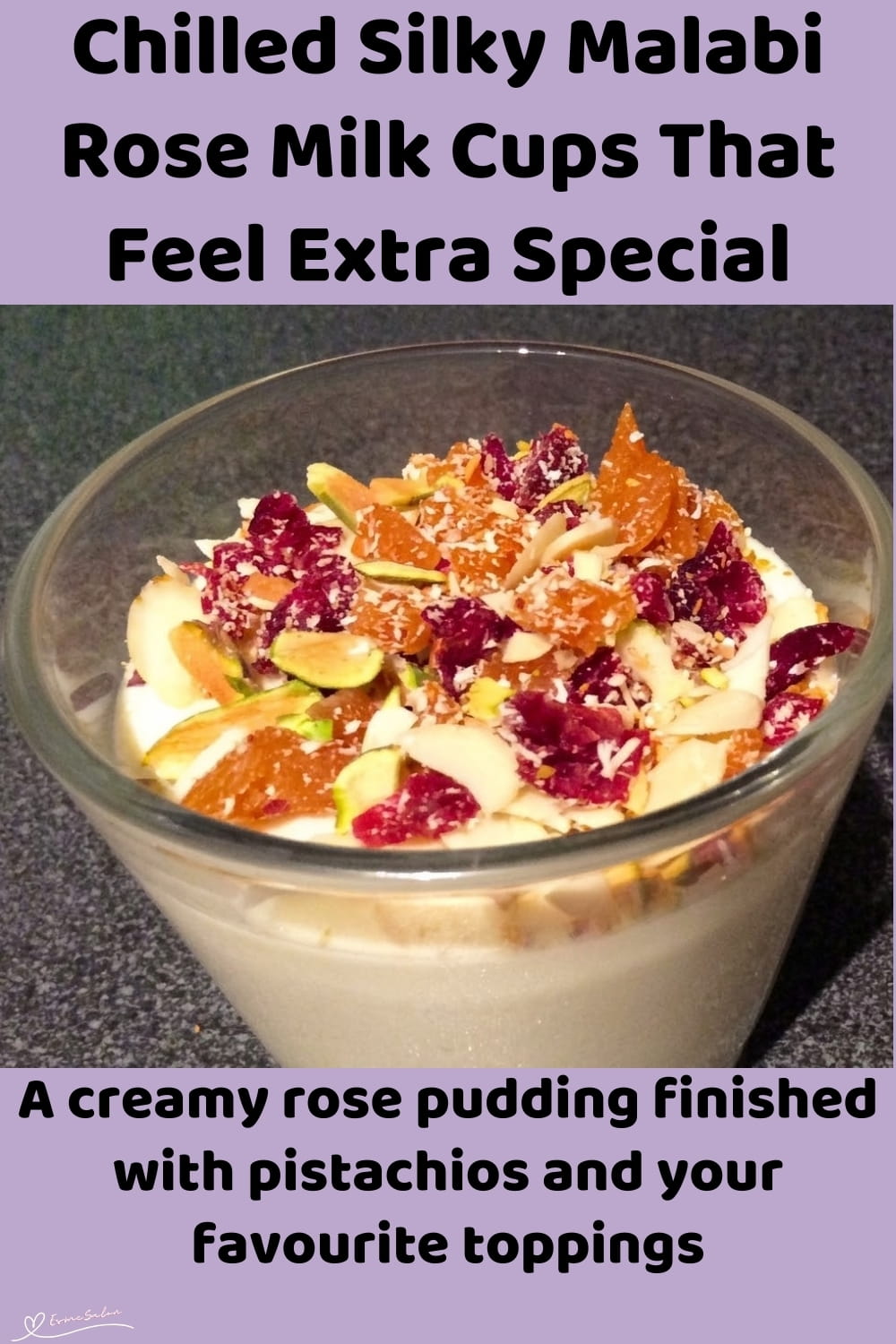 An image of glass with creamy, chilled Malabi Milk pudding with rose water, pistachios and crunchy toppings