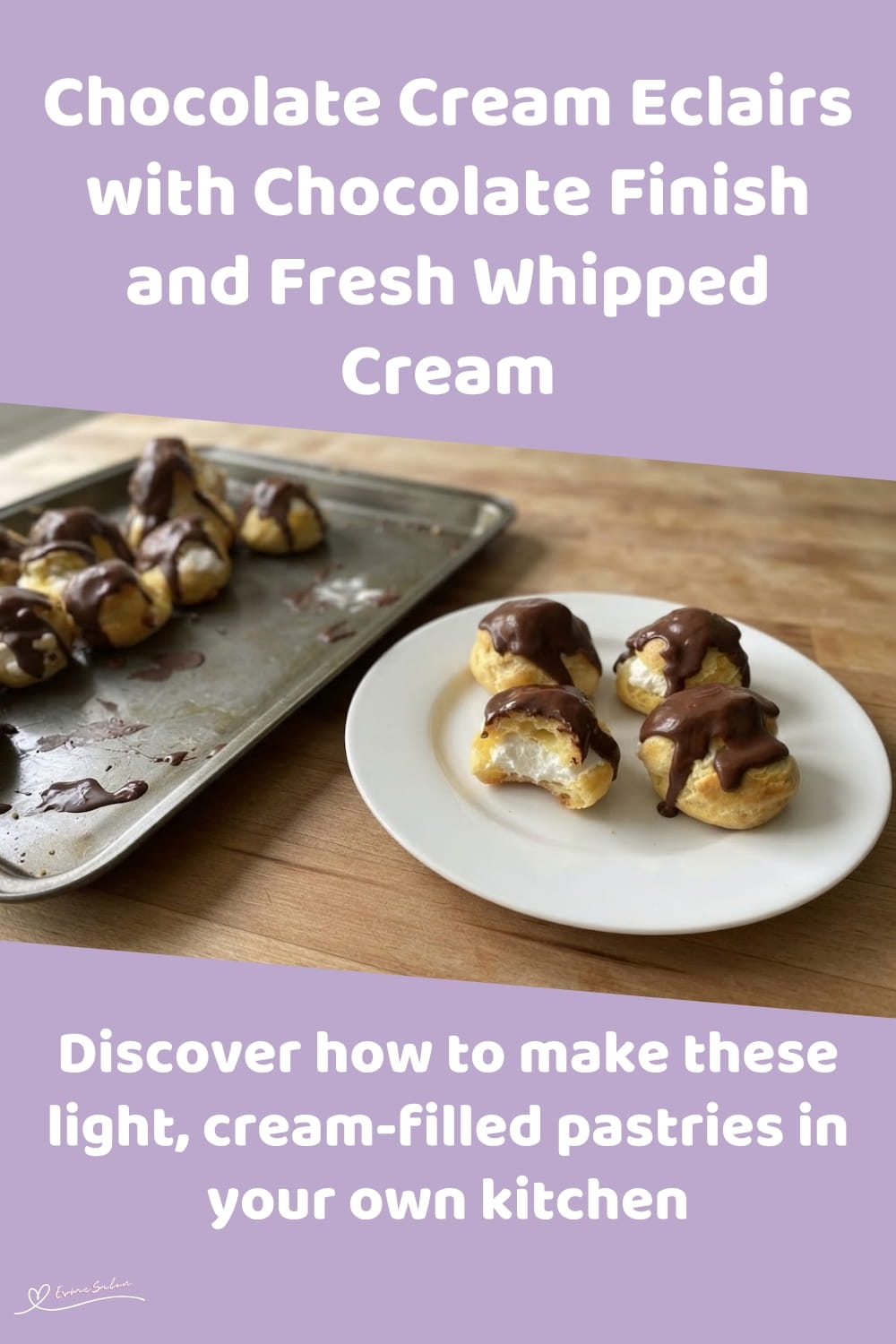 An image of a baking tray with Chocolate Cream Eclairs with Chocolate Finish