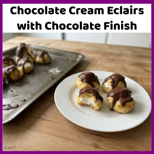 An image of a baking tray with Chocolate Cream Eclairs with Chocolate Finish