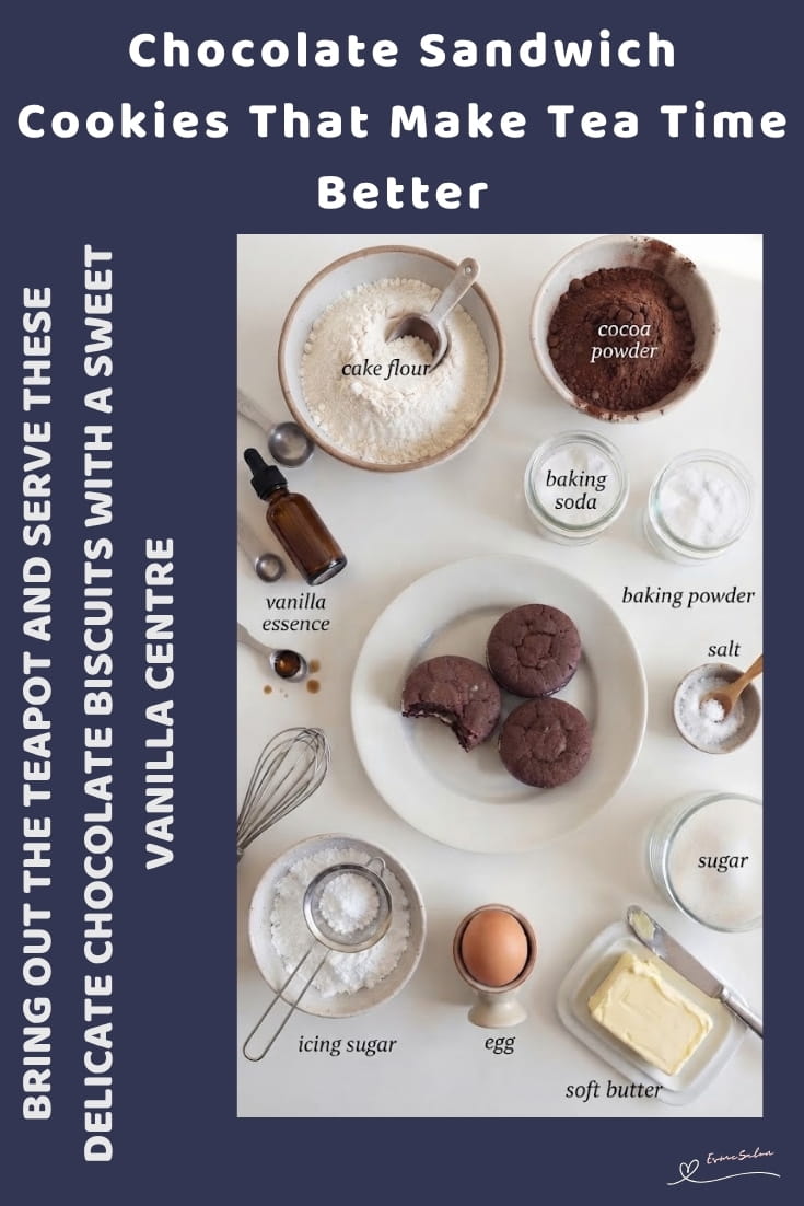 An image of a white plate with Chocolate Sandwich Cookies with white icing filling