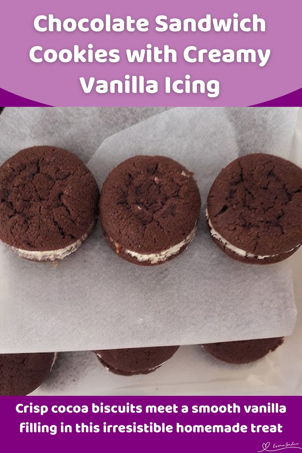 An image of a white plate with Chocolate Sandwich Cookies with white icing filling