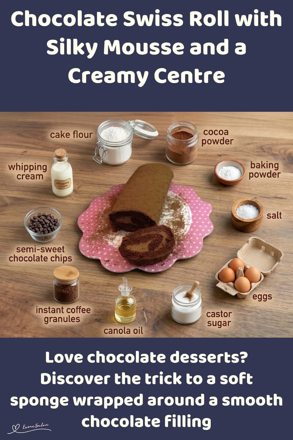An image of a plate with a Chocolate Swiss Roll, a soft chocolate exterior and a smooth, fluffy Chocolate Mousse filling hidden inside, with a light dusting of cocoa as a finishing touch