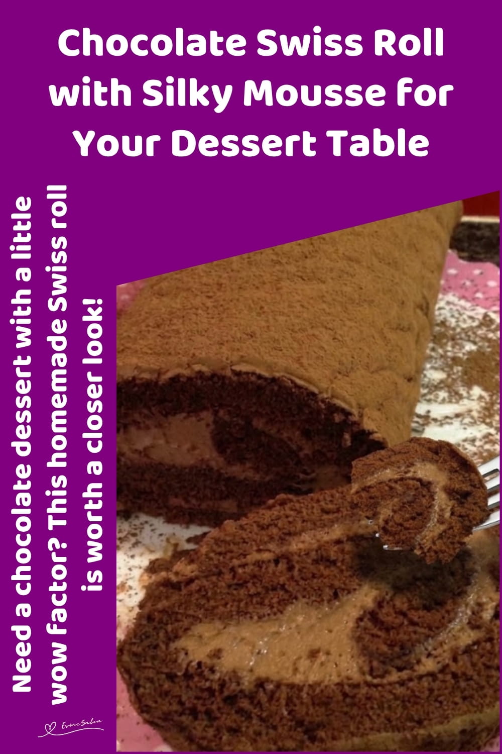 An image of a plate with a Chocolate Swiss Roll, a soft chocolate exterior and a smooth, fluffy Chocolate Mousse filling hidden inside, with a light dusting of cocoa as a finishing touch