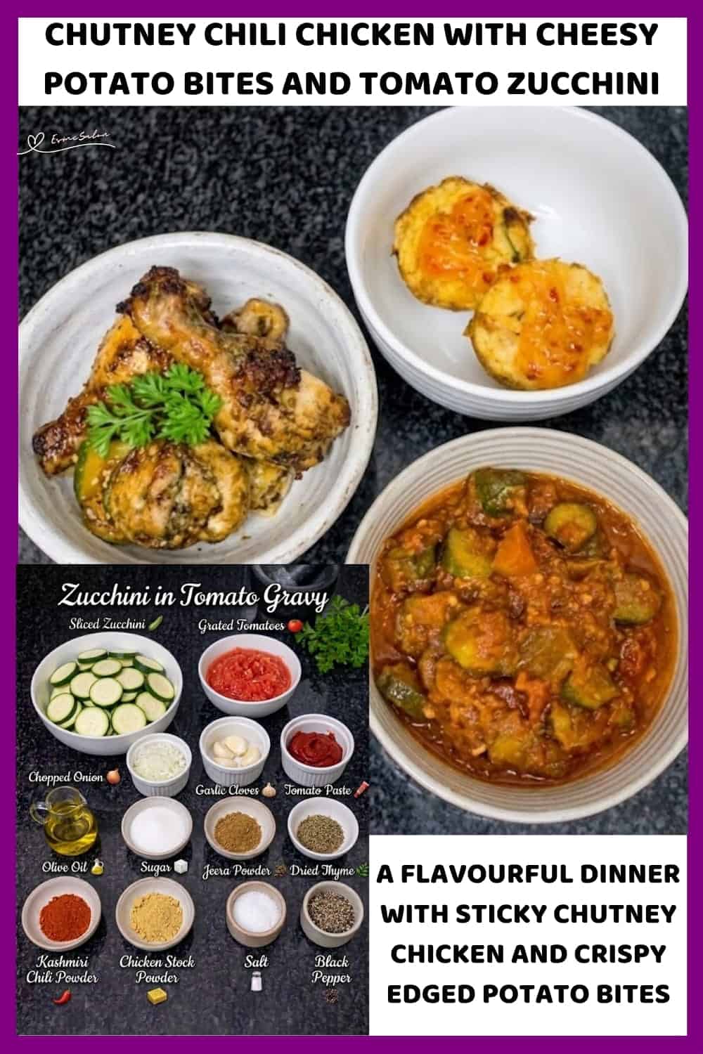 An image of a plate with Chutney Chili Chicken with Crispy Potato Bites and Tomato Zucchini