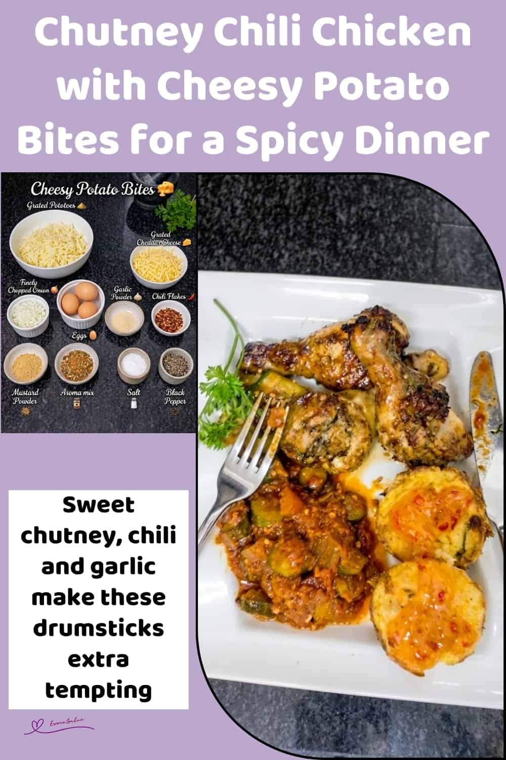 An image of a plate with Chutney Chili Chicken with Crispy Potato Bites and Tomato Zucchini