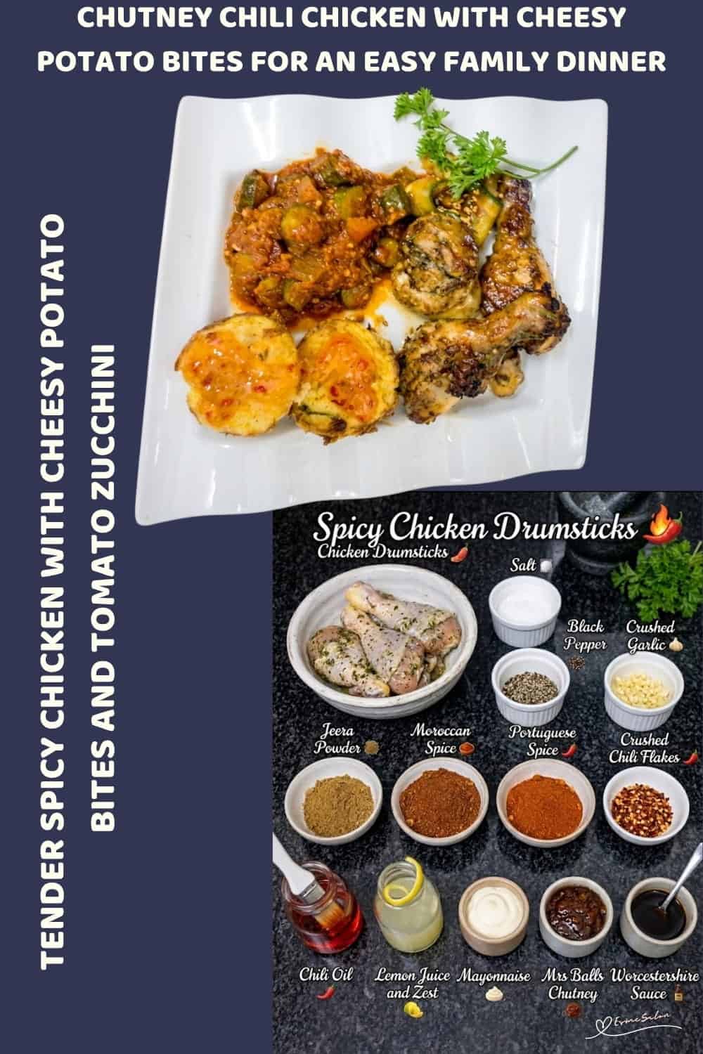 An image of a plate with Chutney Chili Chicken with Crispy Potato Bites and Tomato Zucchini
