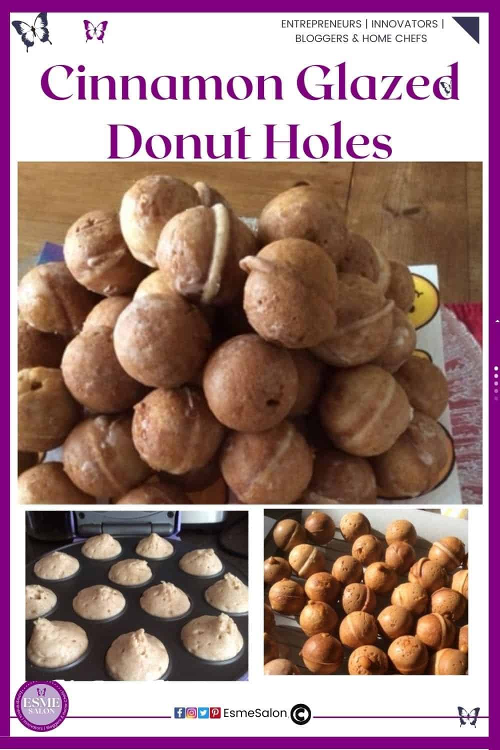 an image of a baking tray filled with Cinnamon Glazed Donut Holes as well as some still raw in the small baby pop machine ready for baking