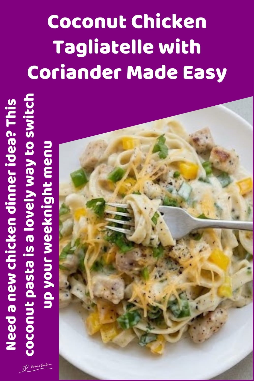An image of a plate of circles of tagliatelle pasta, chicken breast, green and yellow peppers in a coconut milk sauce