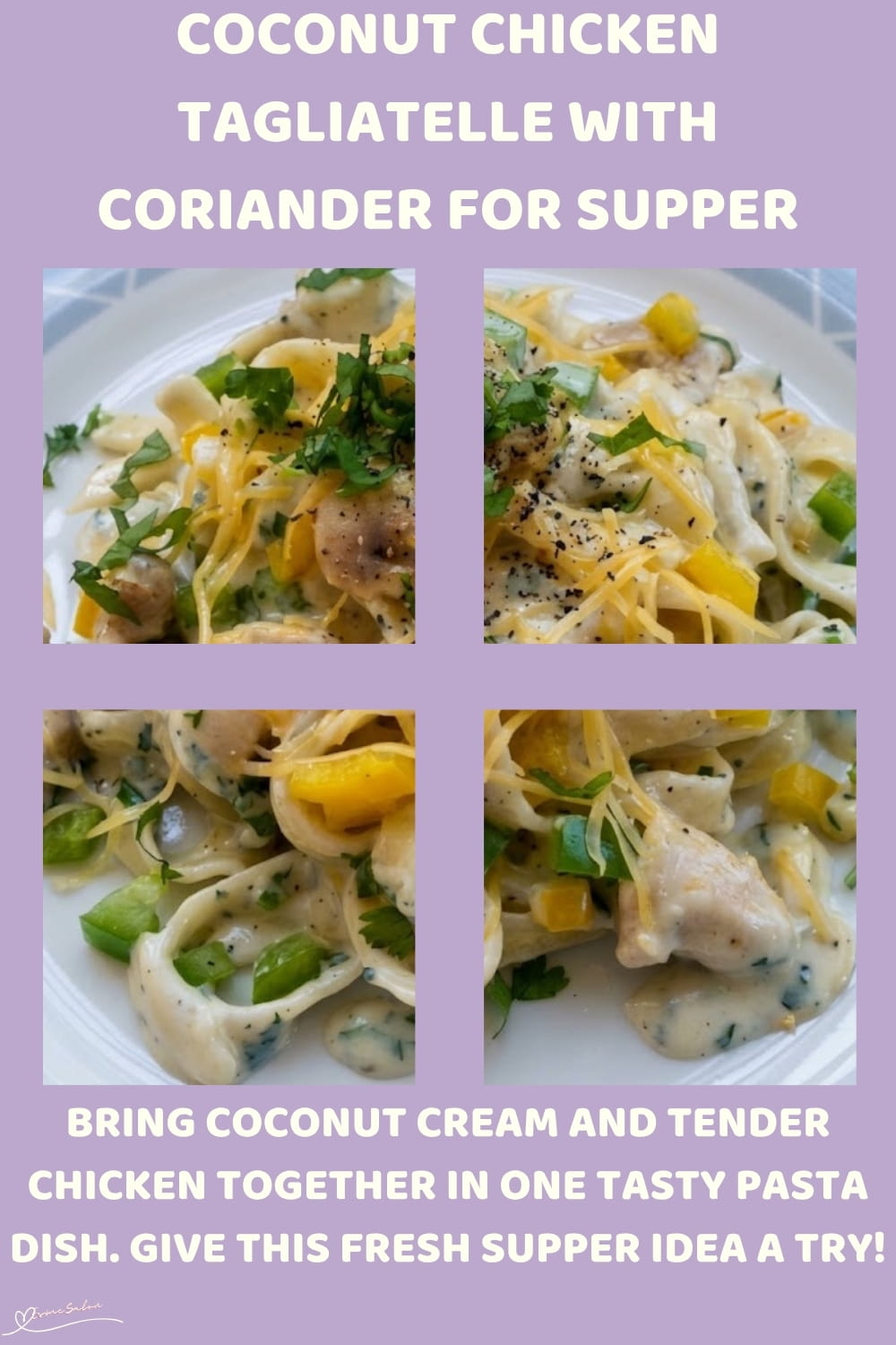An image of a plate of circles of tagliatelle pasta, chicken breast, green and yellow peppers in a coconut milk sauce