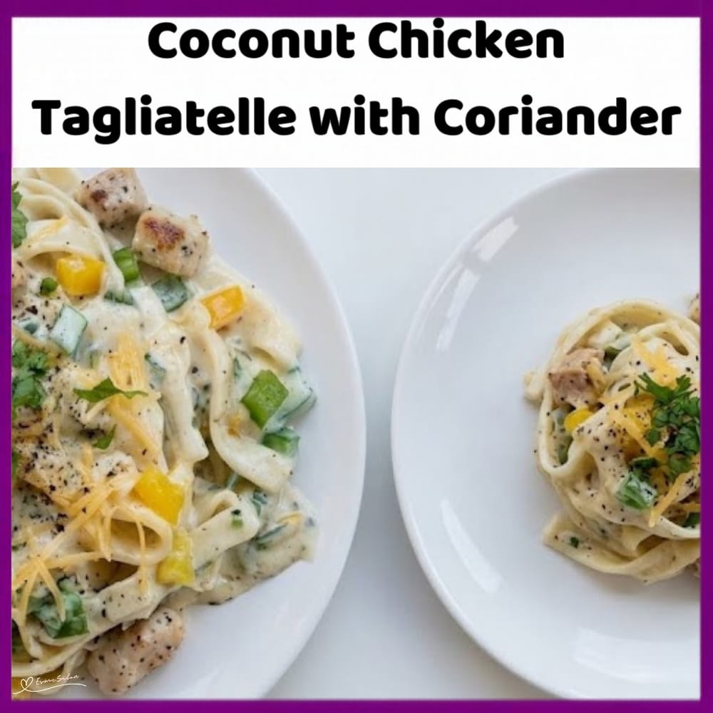 An image of a plate of circles of tagliatelle pasta, chicken breast, green and yellow peppers in a coconut milk sauce