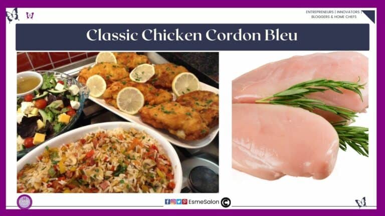 an image of Classic Chicken Cordon Bleu with rice and a salad on the side