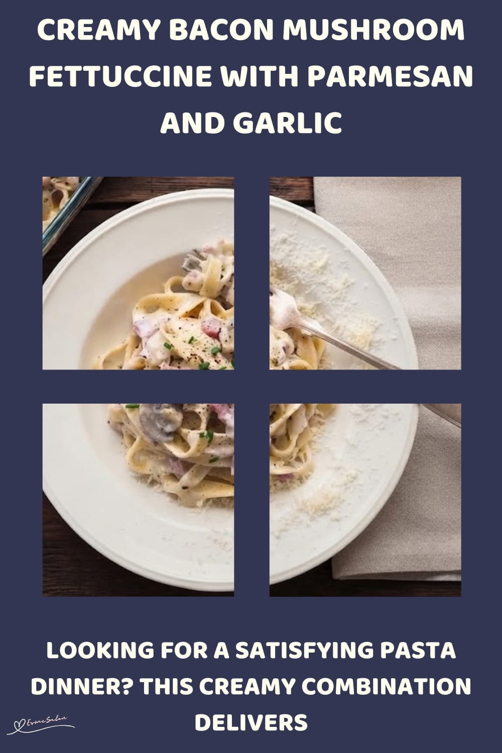 An image of a plate of Creamy Bacon Mushroom Fettuccine with mushrooms, garlic and fresh cream