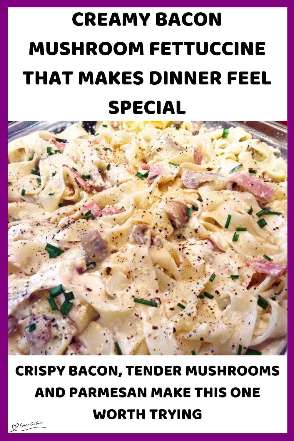 An image of a plate of Creamy Bacon Mushroom Fettuccine with mushrooms, garlic and fresh cream