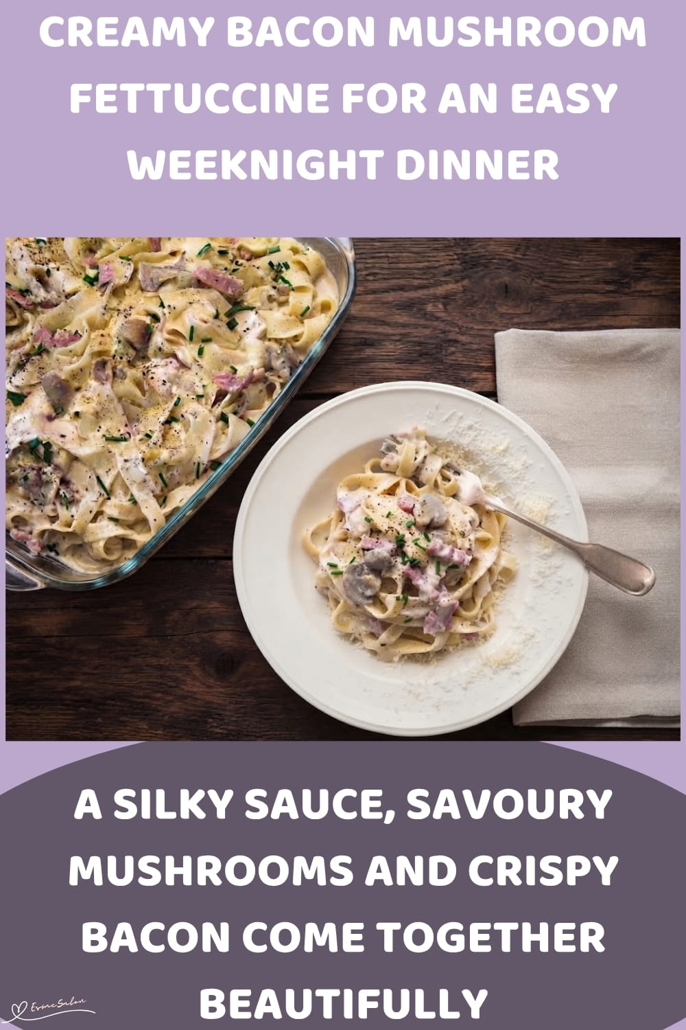 An image of a plate of Creamy Bacon Mushroom Fettuccine with mushrooms, garlic and fresh cream