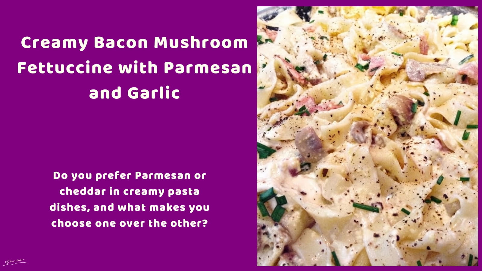 An image of a plate of Creamy Bacon Mushroom Fettuccine with mushrooms, garlic and fresh cream