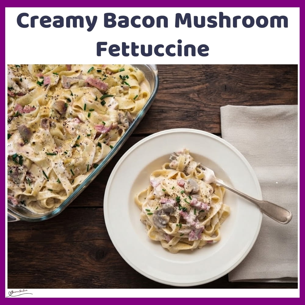 An image of a plate of Creamy Bacon Mushroom Fettuccine with mushrooms, garlic and fresh cream