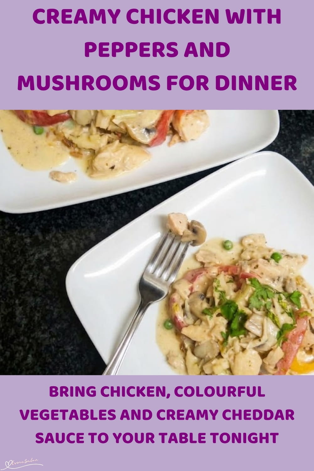 An image of a bowl of Creamy Chicken with Trio Peppers, Mushrooms and Cheese Sauce