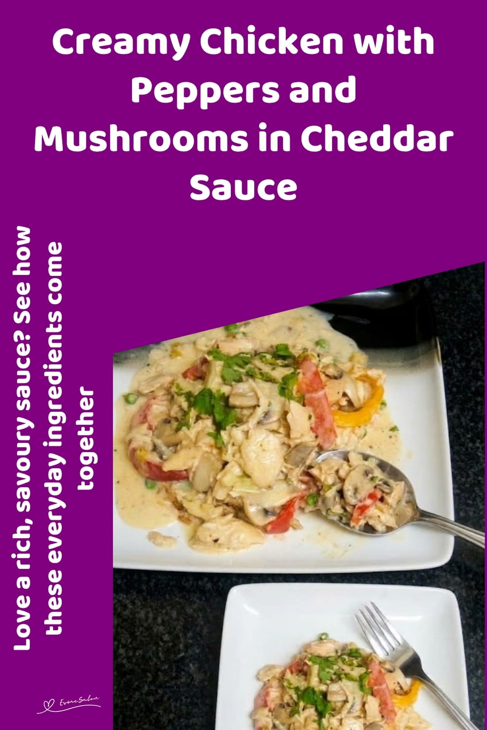 An image of a bowl of Creamy Chicken with Trio Peppers, Mushrooms and Cheese Sauce