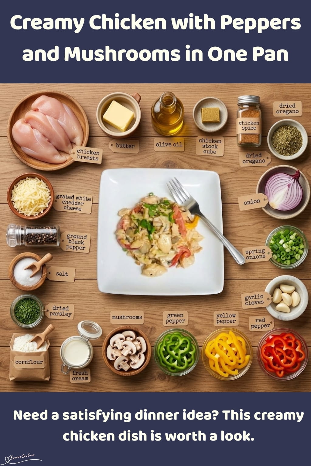 An image of a bowl of Creamy Chicken with Trio Peppers, Mushrooms and Cheese Sauce