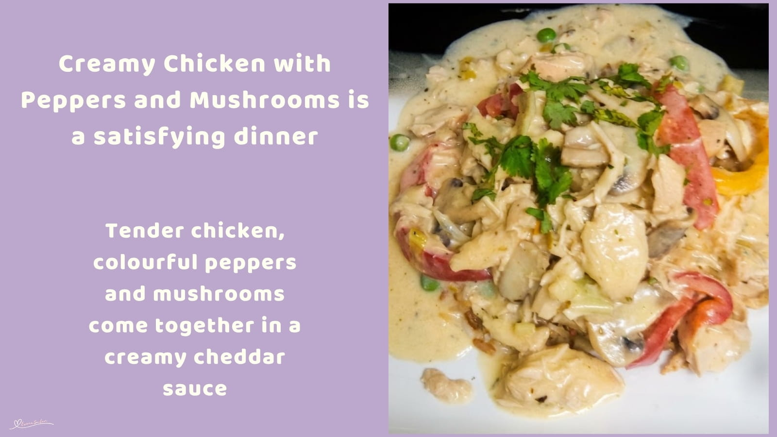 An image of a bowl of Creamy Chicken with Trio Peppers, Mushrooms and Cheese Sauce