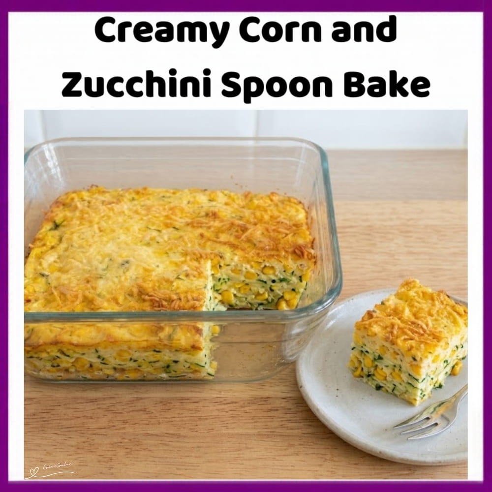 An image of a dish with Sweet Corn and Zucchini Bake with a Cheesy Parmesan Top