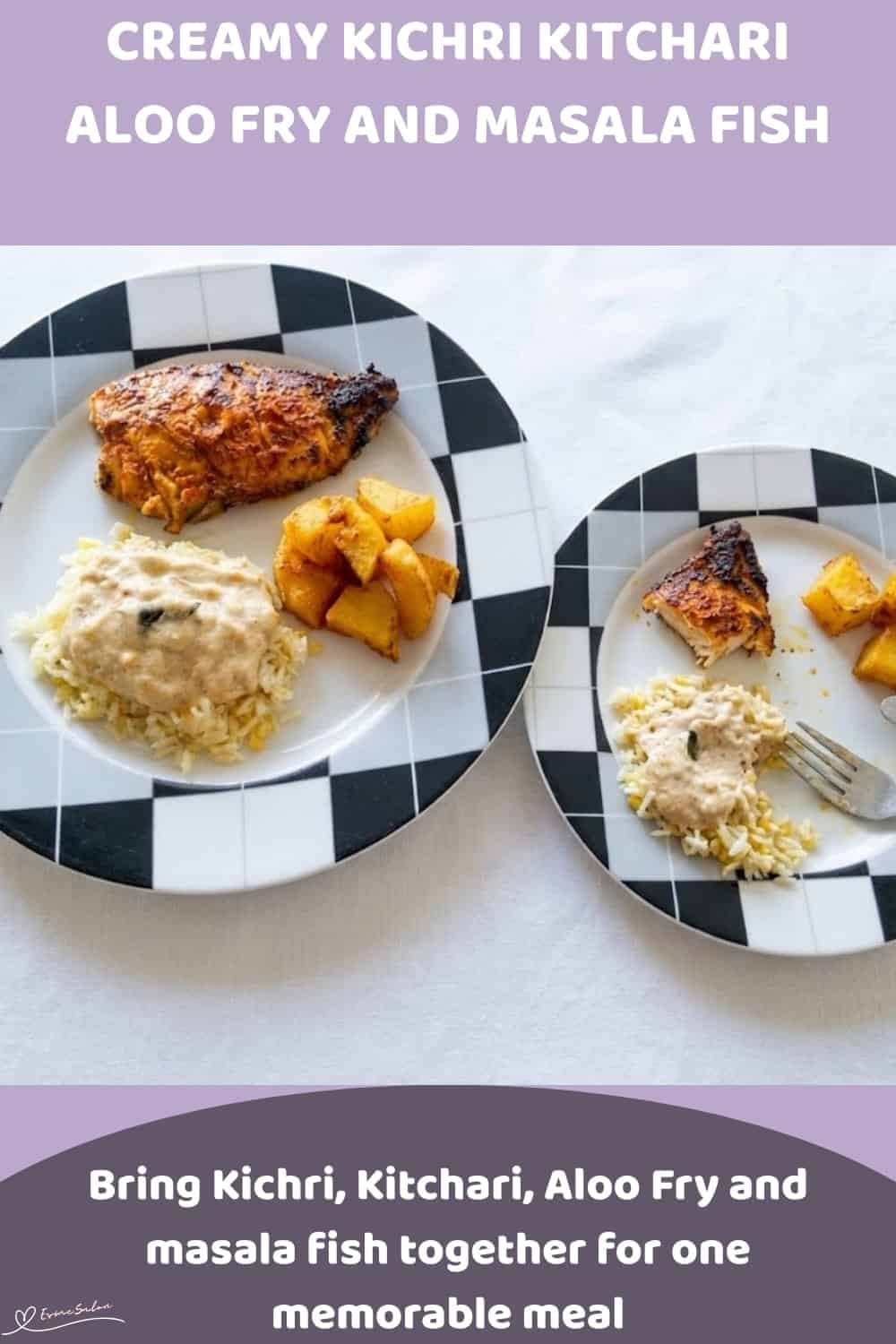 An image of a creamy Kichri, moong dhal Kitchari, spiced potatoes and masala fish on one plate