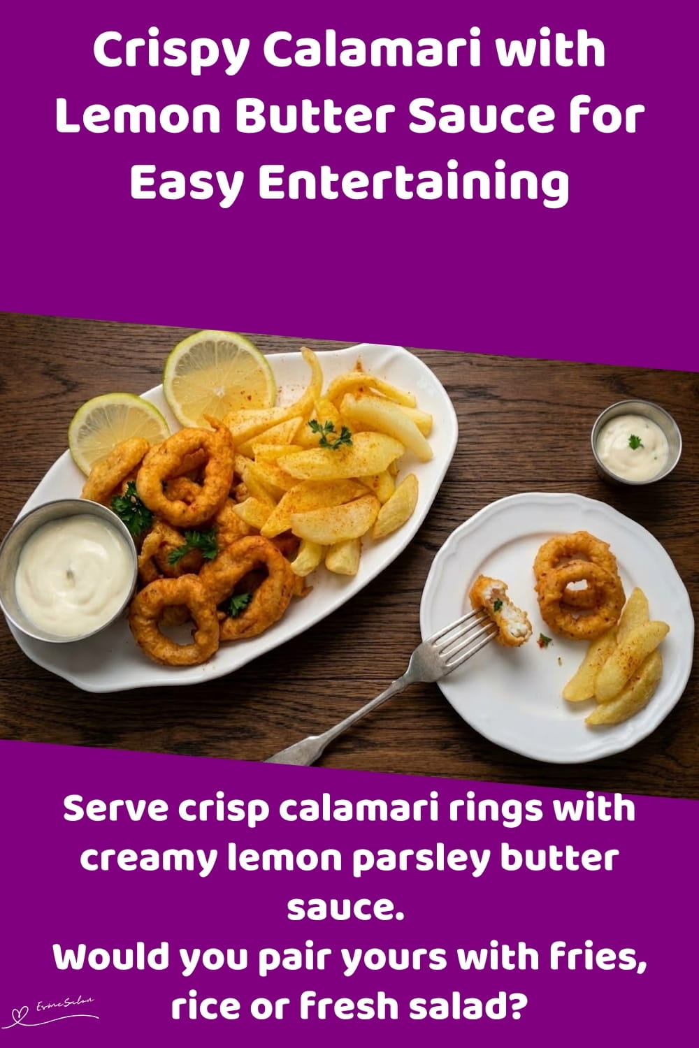 An image of a plate of Crispy Calamari with Lemon Butter Sauce, fries and slices of lemon