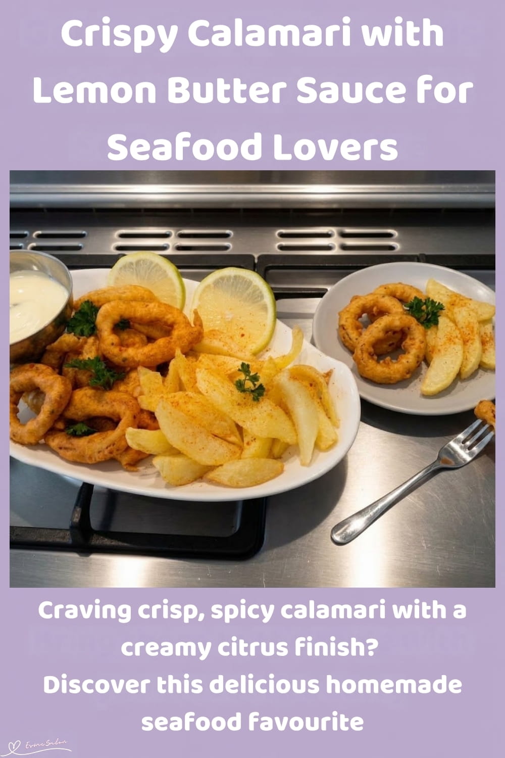 An image of a plate of Crispy Calamari with Lemon Butter Sauce, fries and slices of lemon