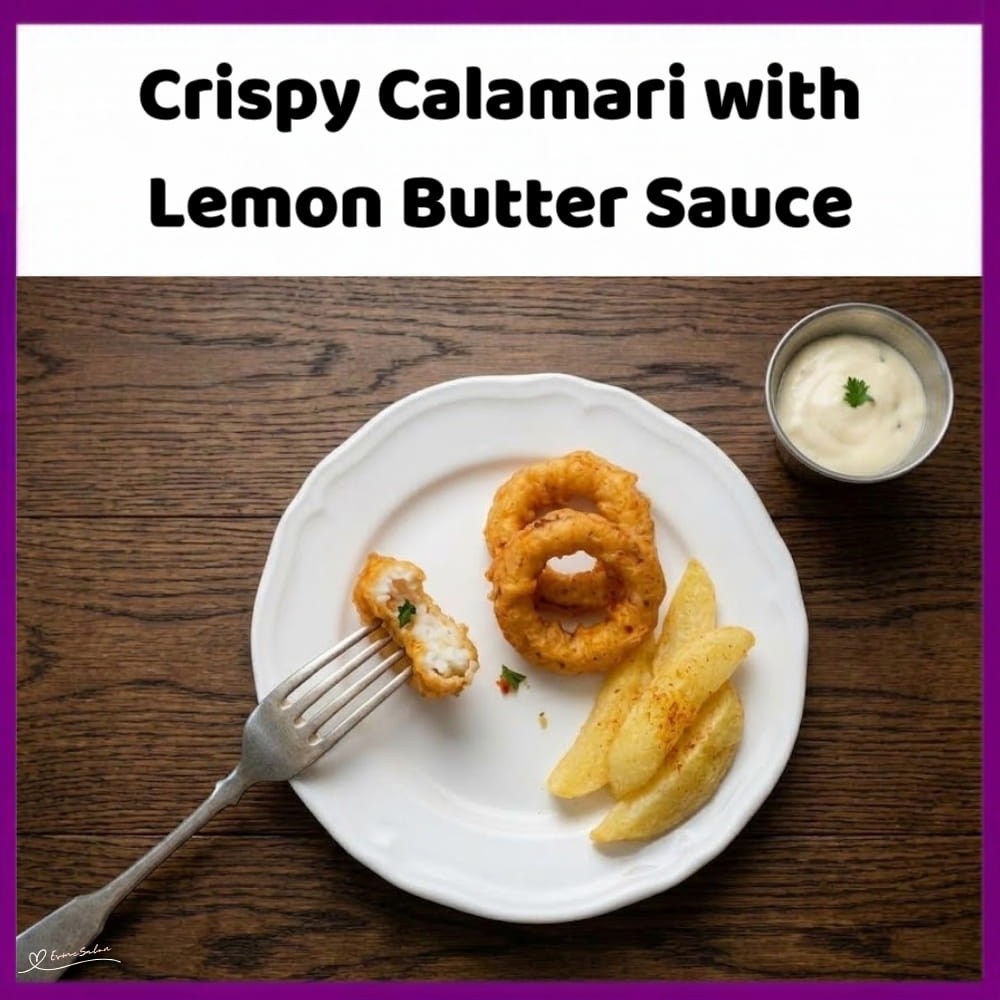 An image of a plate of Crispy Calamari with Lemon Butter Sauce, fries and slices of lemon