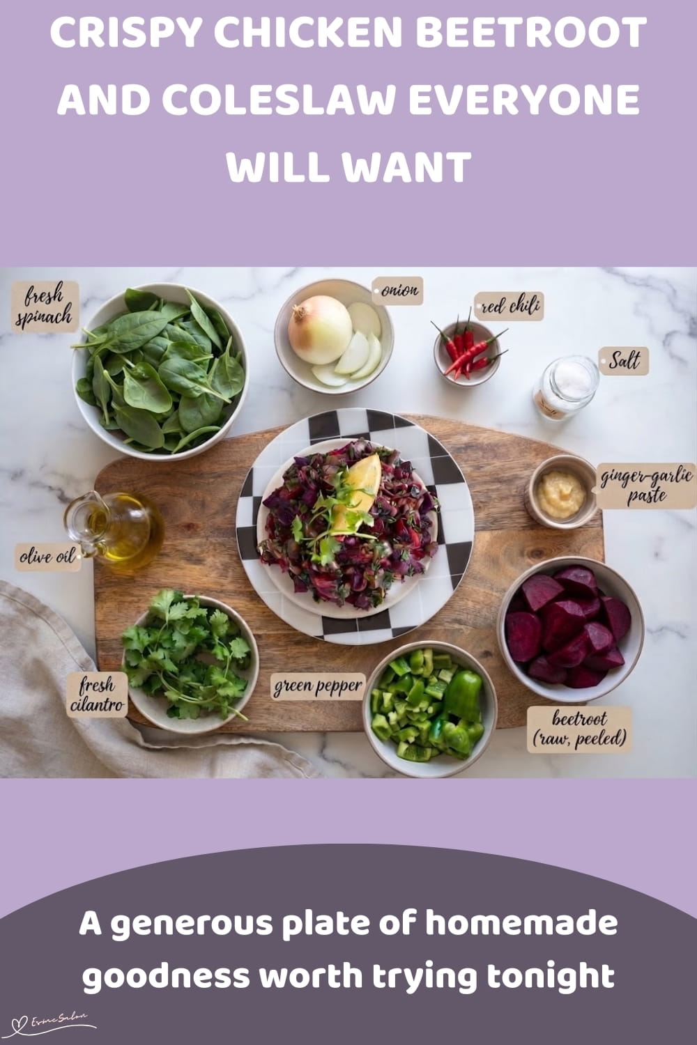 n image of a plate of Crispy Chicken, Beetroot, and Coleslaw
