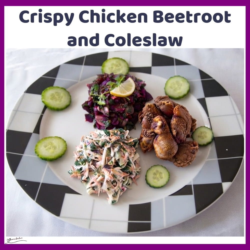 n image of a plate of Crispy Chicken, Beetroot, and Coleslaw