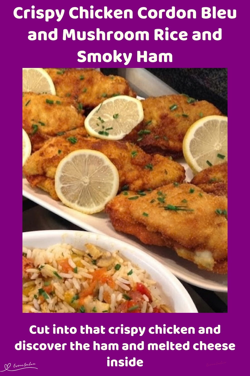 An image of a plate with Chicken Cordon Bleu stuffed with cheese and savoury mushroom bacon rice