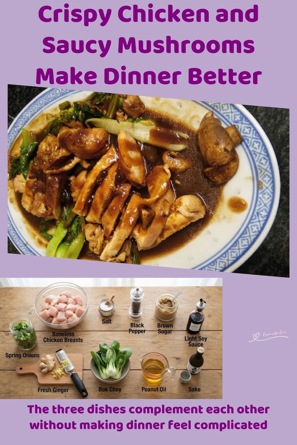An image of a plate of Sticky Teriyaki Chicken, with Egg Fried Rice and Black Bean Mushrooms