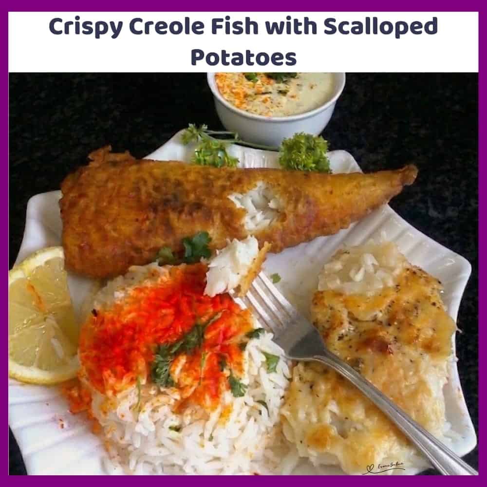 An image of a plate with Crispy Battered Fish, Scalloped Potatoes, Tartar Sauce and Rice