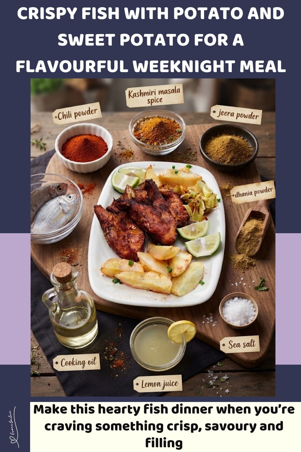 An image of a white plate with crispy spice-coated fish, Potato wedges and baked Sweet Potato