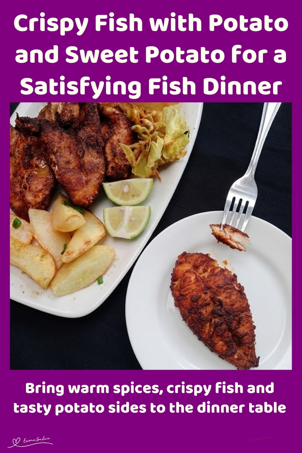 An image of a white plate with crispy spice-coated fish, Potato wedges and baked Sweet Potato