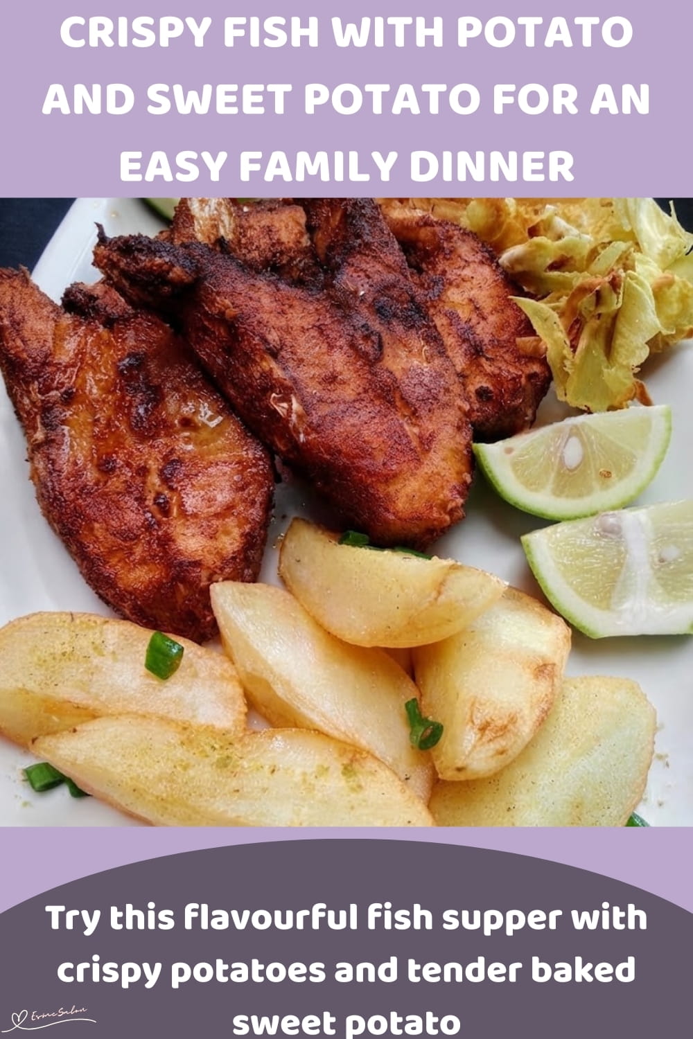 An image of a white plate with crispy spice-coated fish, Potato wedges and baked Sweet Potato