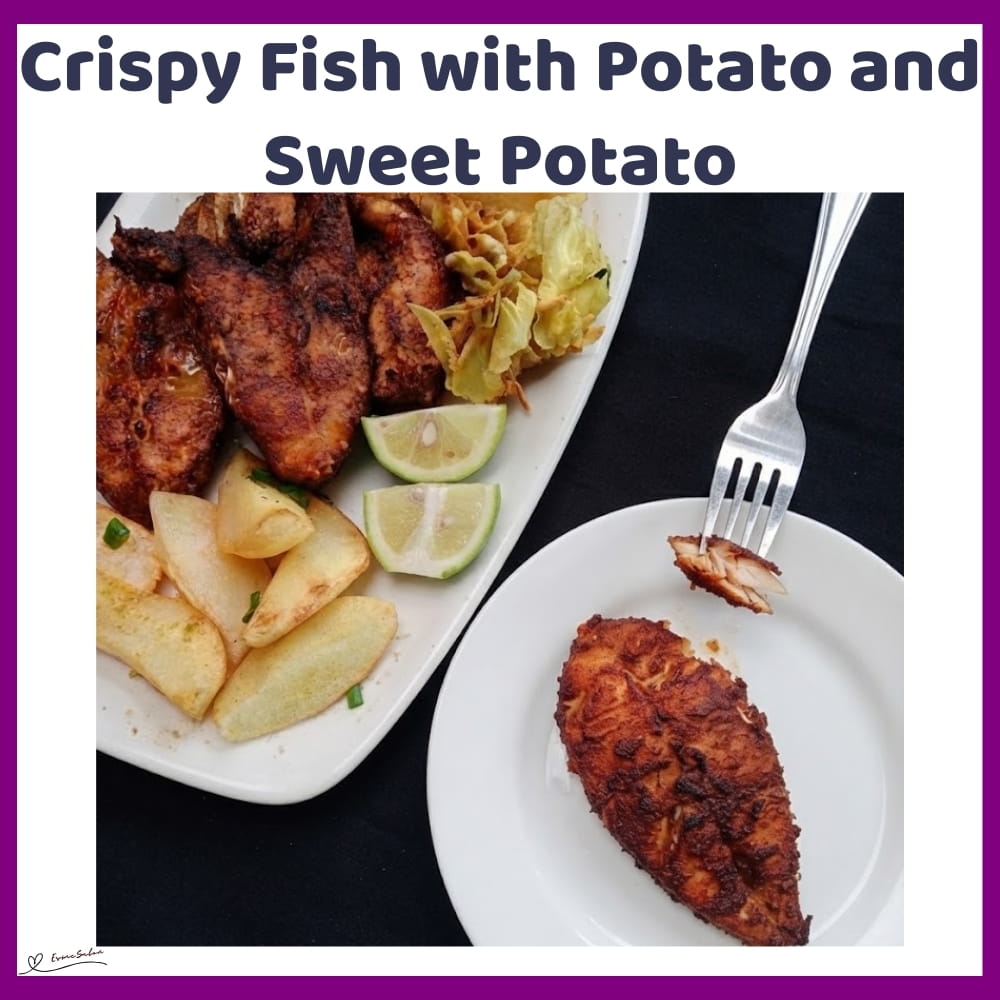 An image of a white plate with crispy spice-coated fish, Potato wedges and baked Sweet Potato