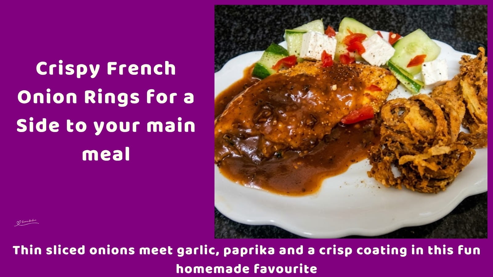 An image of a main dish with a plate of Crispy French Onion Rings with a coating of garlic, paprika and black pepper