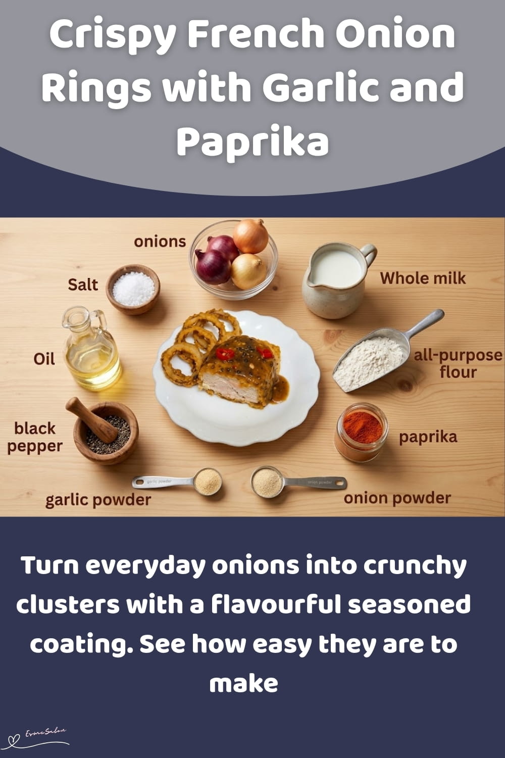 An image of a main dish with a plate of Crispy French Onion Rings with a coating of garlic, paprika and black pepper