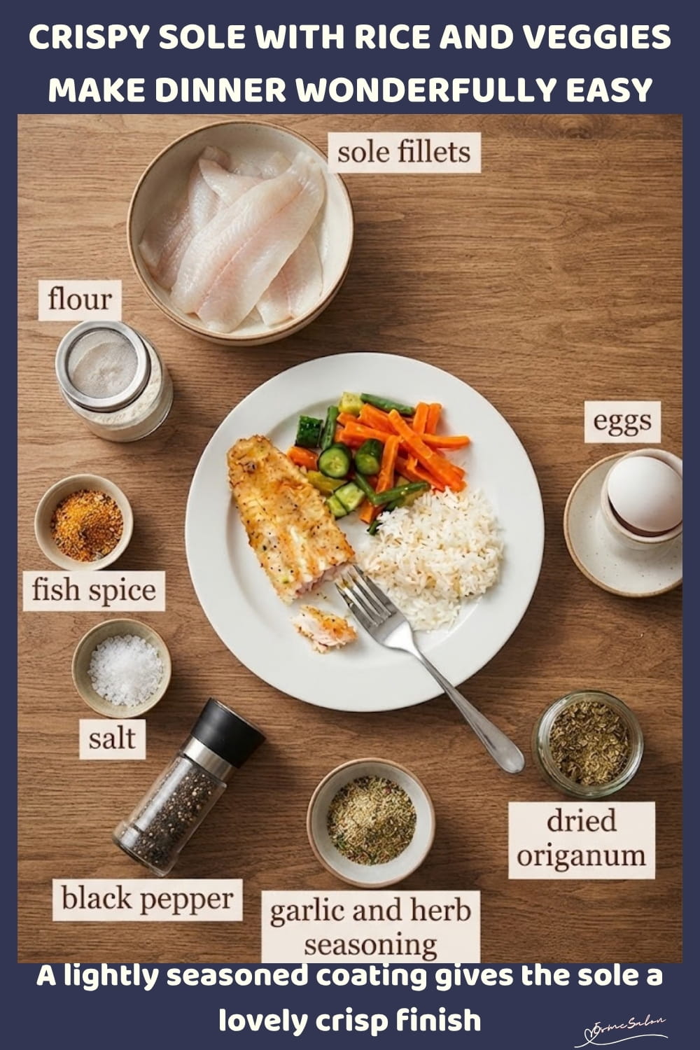 An image of lightly seasoned fried Sole with Rice and Steamed Veggies