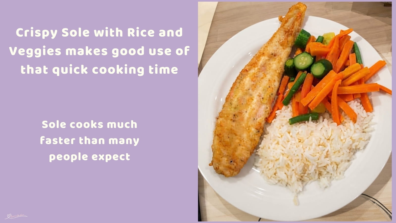 An image of lightly seasoned fried Sole with Rice and Steamed Veggies