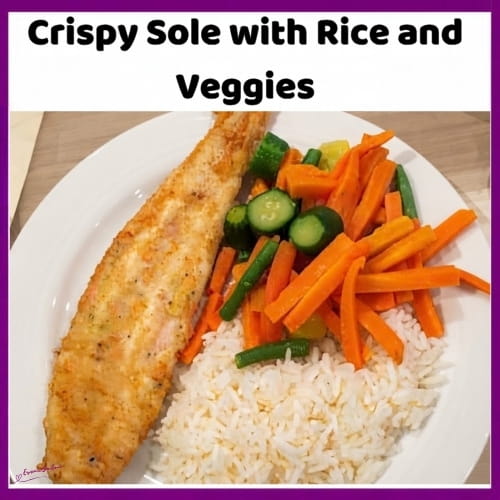 An image of lightly seasoned fried Sole with Rice and Steamed Veggies