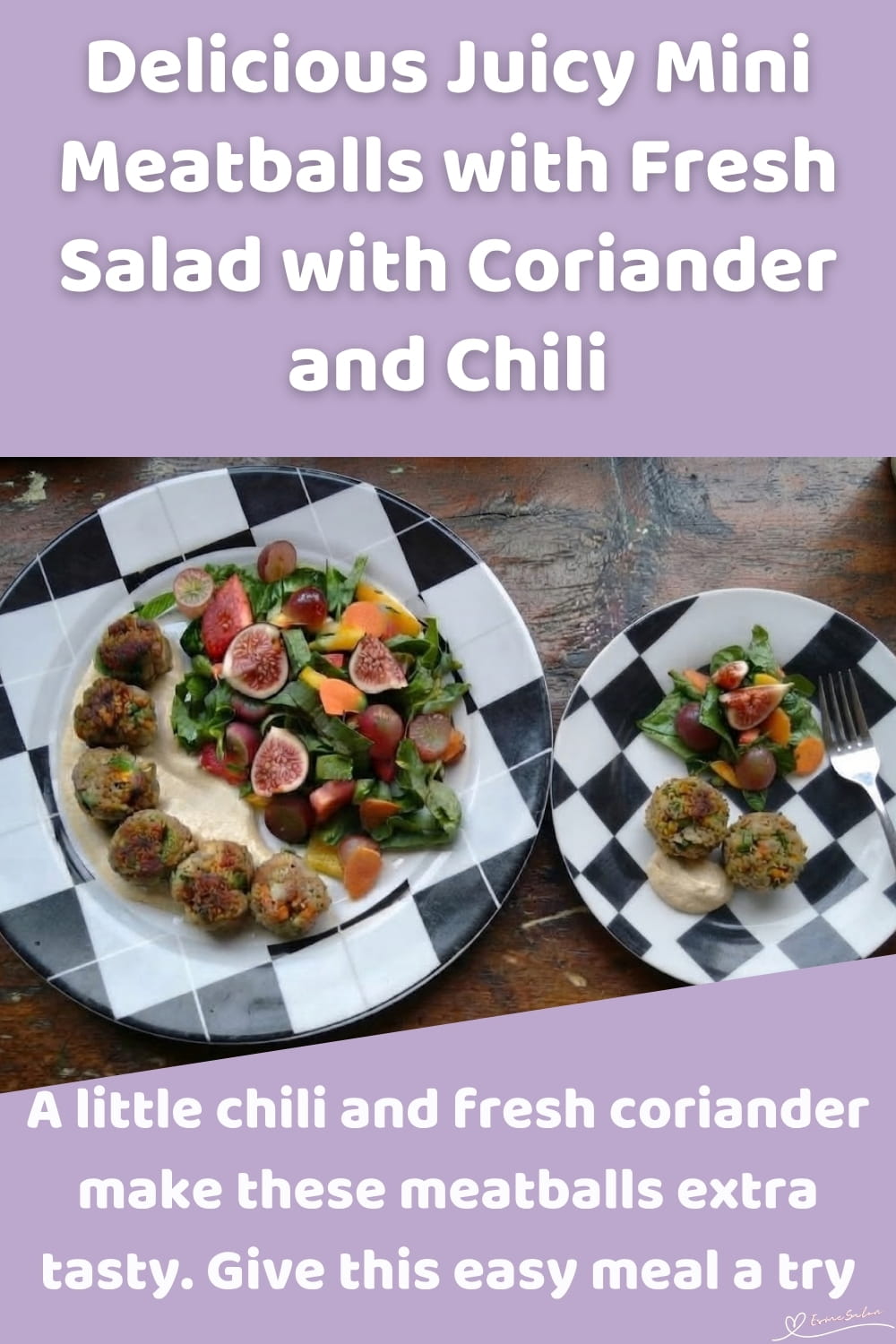 An image of a plate with Mini Meatballs with coriander, a touch of chili and a fresh Salad
