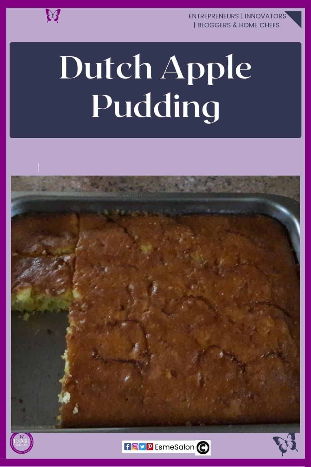 an image of a brown pudding, Dutch Apple Pudding in a stainless dish