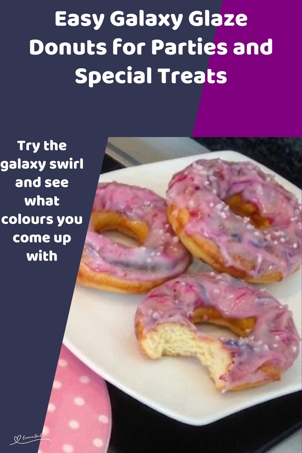 An image of Glazed Donuts with Buttermilk and Colourful Blue and Red Swirled Icing